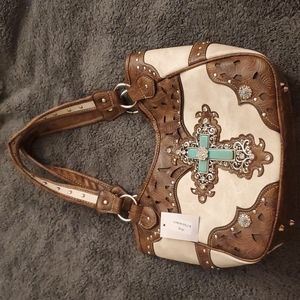 Western Rhinestone Cross Tooled Leather Tote (Concealed Carry Purse Handbag)